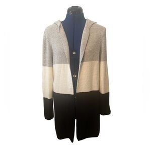Roz & Ali Women's Long Colorblock Cardigan - Gray, Cream, Black w/ Hood | Size L